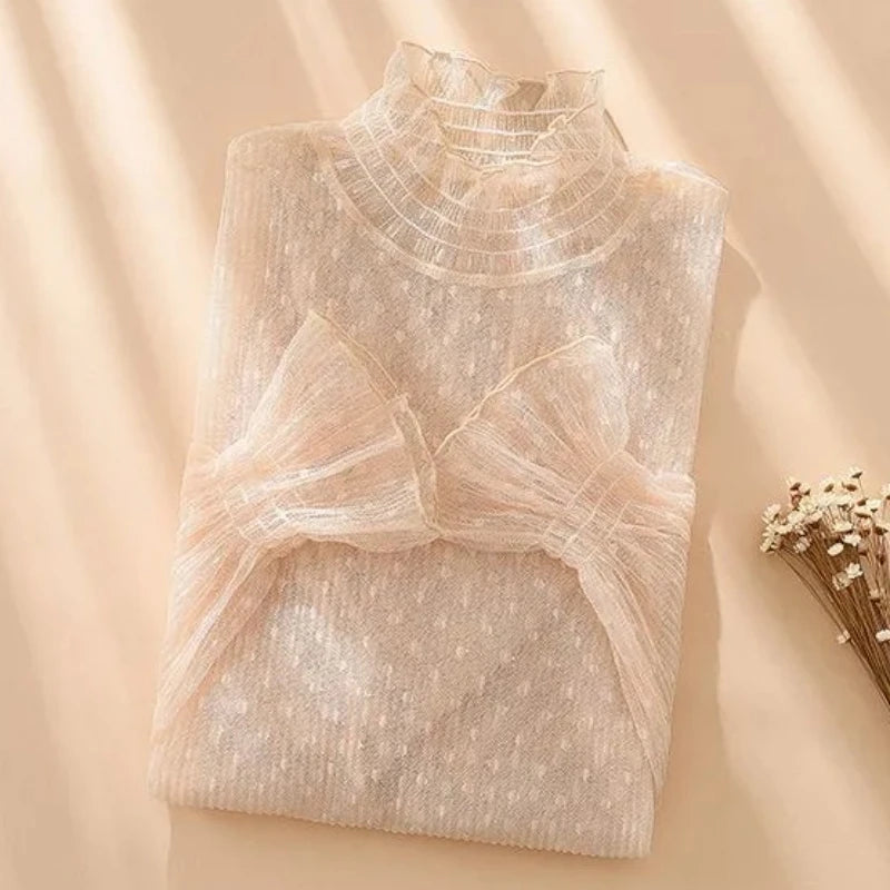 Women Sexy Mesh See Through T Shirt  Long Bell Sleeve Hollow Out Blouse Summer Transparent Sheer High Neck Bottoming Basic Tee