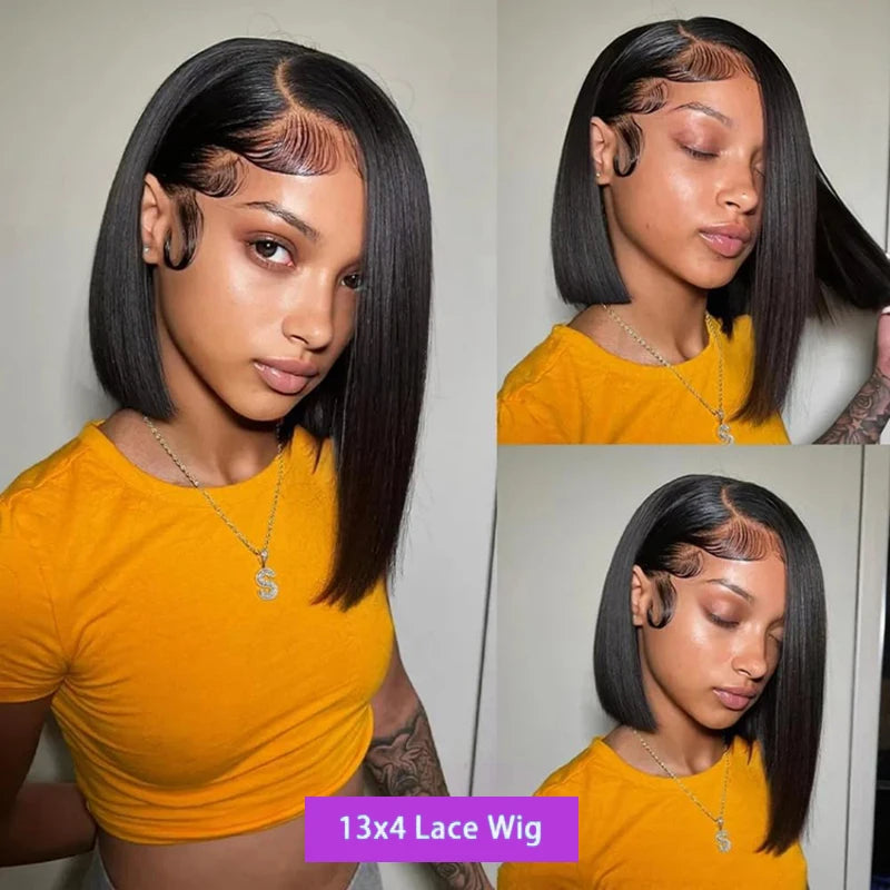 Straight Bob Wig 200% Density 13X4 Lace Frontal Wigs Brazilian Pre Plucked With Baby Hair 4x4 For Women 100% Human Hair Wigs #1B