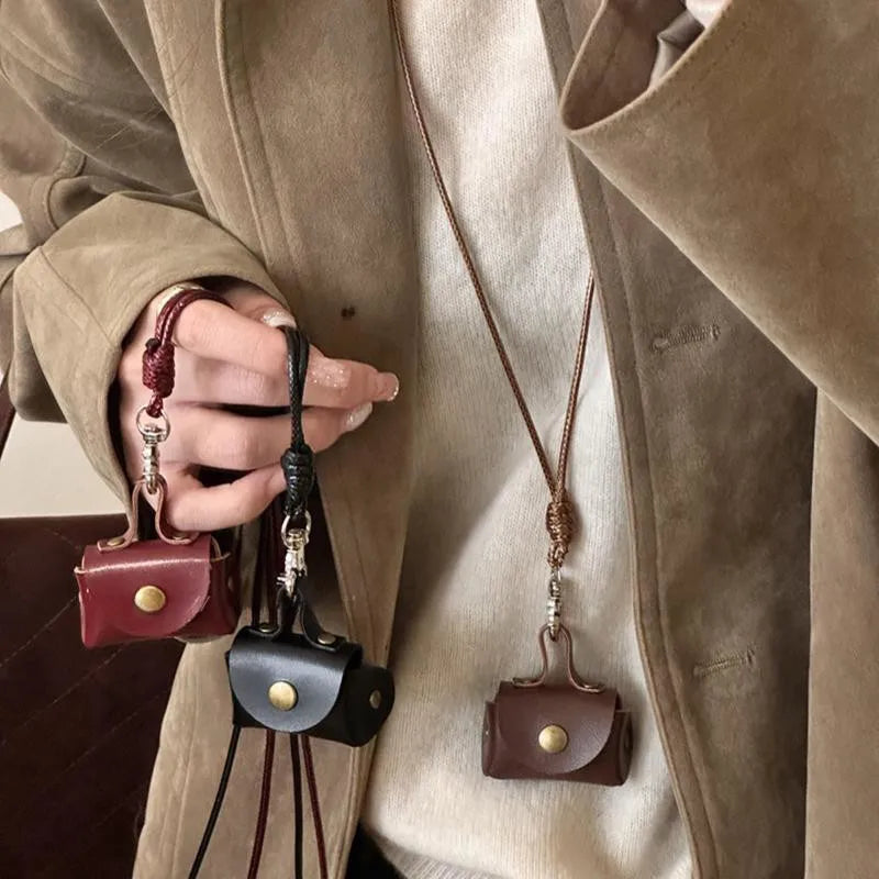 Retro Cute Small Leather Bag Long Necklace for Women Fashion Sweater Chain Neck Hanging Jewelry Versatile Accessory Gift