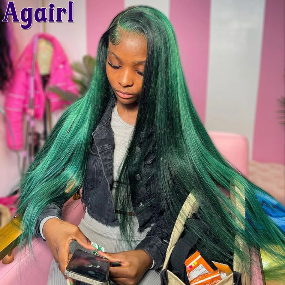 32 34 Inches Ready Go Green Highlight 13X6 Lace Front Human Hair Wigs Pre Plucked 13x6 Bone Straight Lace Frontal Wigs for Women