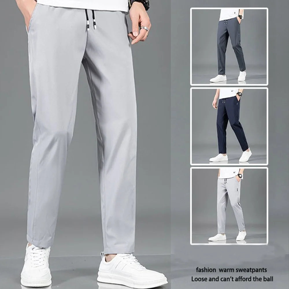 Summer Ice Silk Men's Pants Black Gray Thin Business Casual Pants Plus Size Outdoor Elastic Breathable Straight Leg Sweatpants