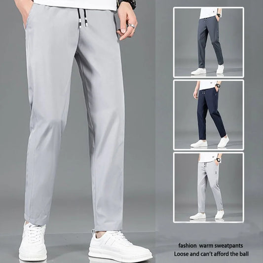 Summer Ice Silk Men's Pants Black Gray Thin Business Casual Pants Plus Size Outdoor Elastic Breathable Straight Leg Sweatpants