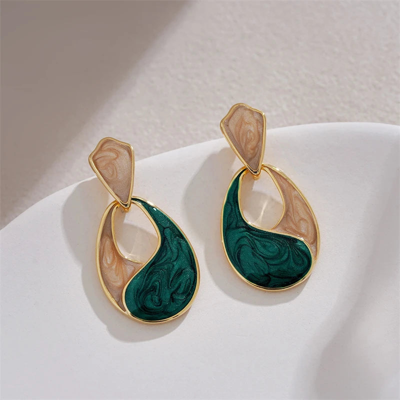 Green Enamel Hollow Water Drop Women's Hanging Earrings Colorful Glaze Geometric Statement Drop Earrings 2025 new trend