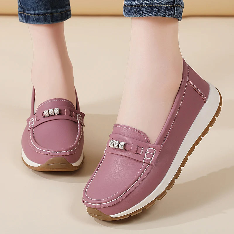 Women's casual flat shoes, 100 genuine leather shoes, lightweight spring and summer loafers, walking mom shoes