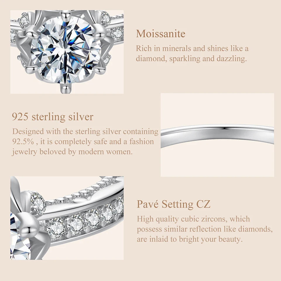 BAMOER D Color VVS1 EX Moissanite Flower Ring 1ct Round Moissanite Diamond Solitaire Engagement 925 Sterling Silver Rings For Wo