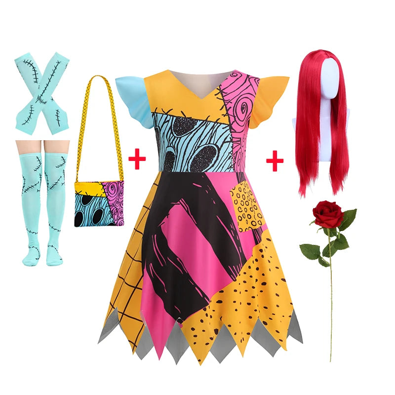 Baby Girls Halloween Costumes Cosplay Dress Nightmare Before Xmas Children Carnival Princess Sally Party Clothes 2-10 Years