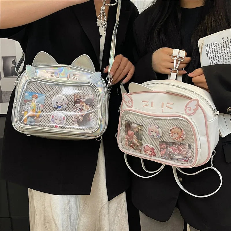 Women's Fashion Backpacks Y2K Korean Japan Kawaii Cat Ita Bag PU Cute Girls Transparent Pocket Aesthetic Shoulder Crossbody Bags