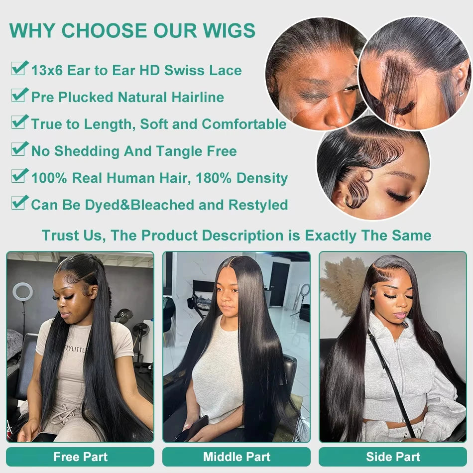 200 Density Straight 13x6 HD Black Lace Frontal Wigs 5x5 Glueless 30 40 Inch 13x4 Lace Front Human Hair Wig Bone Closure Wear Go