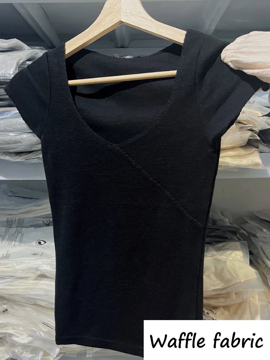 Stitching Solid Vintage Slim T-Shirt Summer V Neck Streetwear Cotton Top 2023 Femme Sweet Cute Y2k Simple Tee Tops Woman Clothes