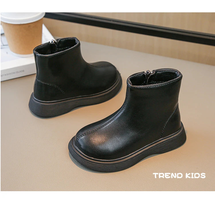 Children Fashion Boots Simple Girls Ankle Boot Black Kids Short Leather Boots Side Zipper Thick Bottom Autumn Winter 2024 New