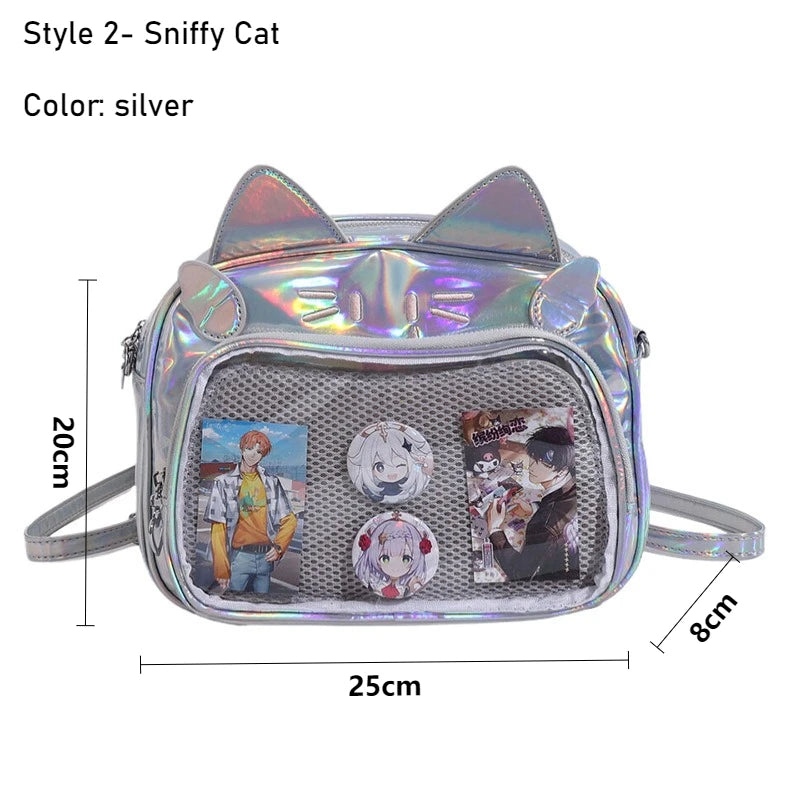Women's Fashion Backpacks Y2K Korean Japan Kawaii Cat Ita Bag PU Cute Girls Transparent Pocket Aesthetic Shoulder Crossbody Bags