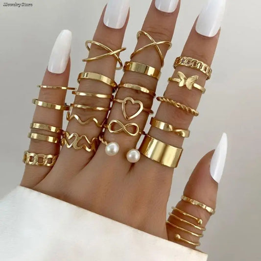 8/22pcs Set Vintage Hollow Heart Butterfly Rings Set For Women Metal Silver Color Geometric Spiral Shape Ring rendy Jewelry