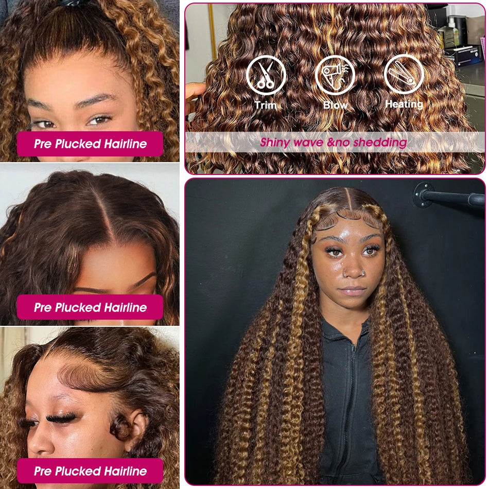 Curly Colored Highlight Wigs Human Hair Deep Wave 13x6 Hd Lace Frontal Wig 18 36Inch 4/27 Ombre Brown Blonde Lace Front Wigs