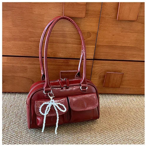 Vintage Women Business Shoulder Bags Simple Ladies Commute Tote Bag Pu Leather Female Underarm Bag Burgundy Large Handbags Purse