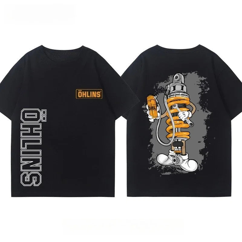 25 New Motorcycle Shock Absorber Modified T-shirt Clothes Casual Trendy Brand Men's Women's Car Club Crew Neck Short-sleeved Top