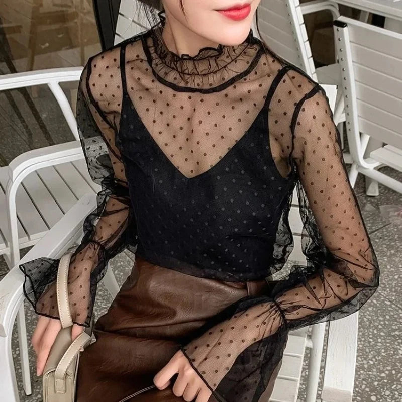 Women Sexy Mesh See Through T Shirt  Long Bell Sleeve Hollow Out Blouse Summer Transparent Sheer High Neck Bottoming Basic Tee
