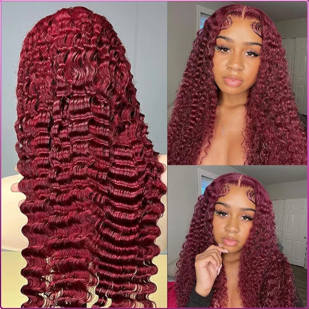 Red Wine 8 34 Inches Deep Wave 200 Density 13x4 99J Burgundy Lace Front Wig Brazilian HD Glueless Lace Frontal Human Hair Wig