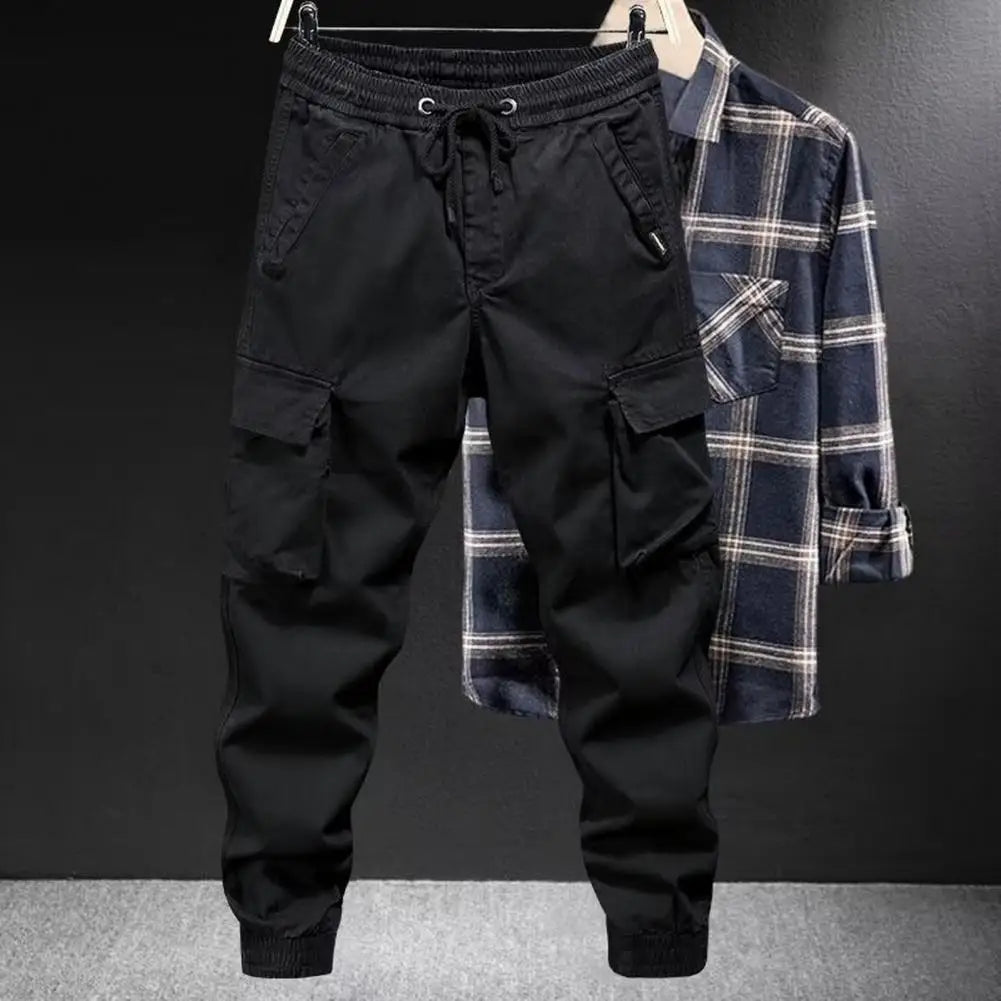 Multi-pocket Overalls Men's Cargo Pants with Drawstring Waist Multiple Pockets Ankle-banded Design for Daily Sports Streetwear