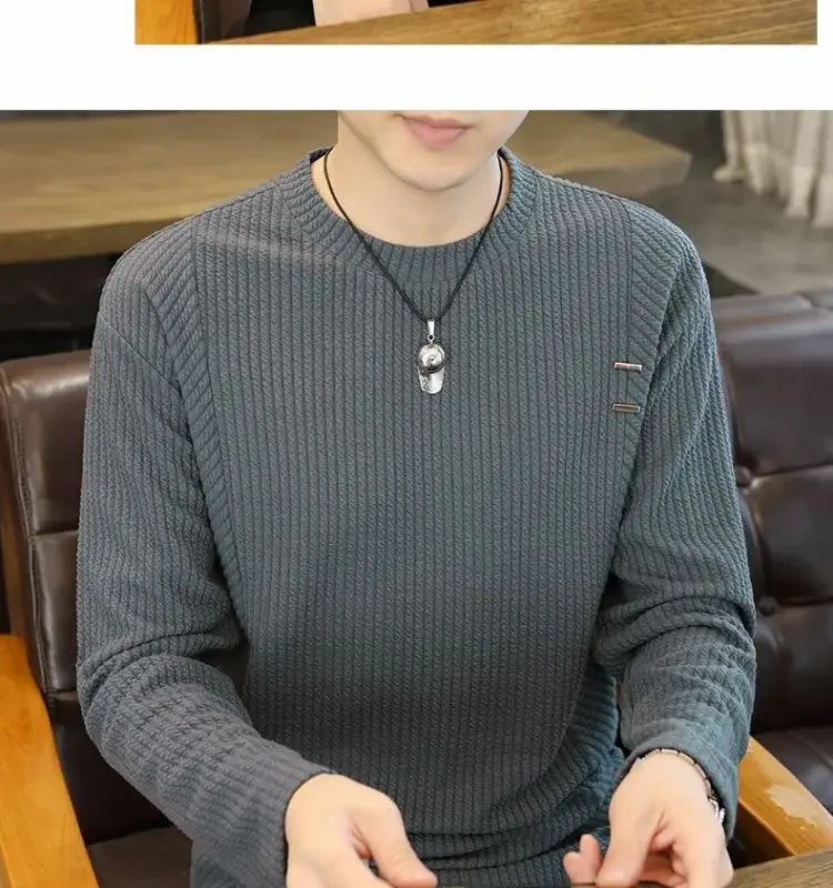 White Long Sleeve Men's T-shirt Pure Color Texture New Inner Wear Base Shirt Autumn Clothes Upper Clothes Fashion Brand