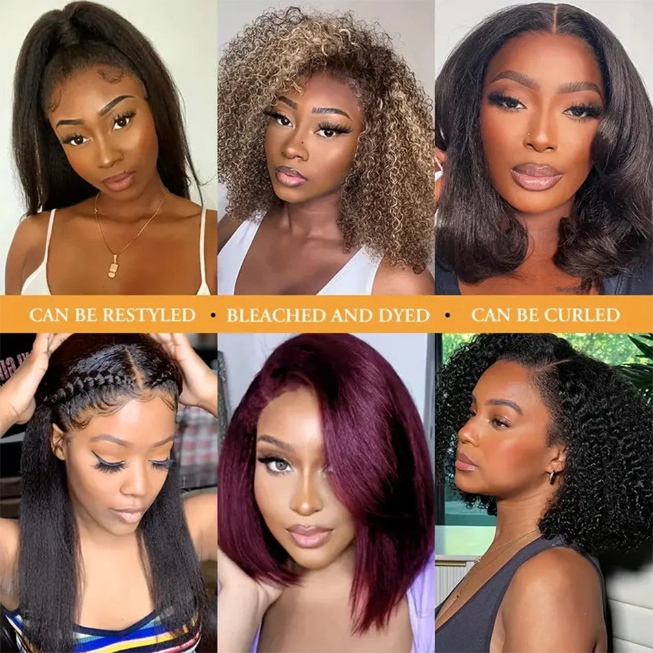 Ready To Wear Glueless Wigs Kinky Straight 13x4 Lace Front Human Hair Wig Short Bob Wigs HD Transparent Yaki Straight Wig 180%