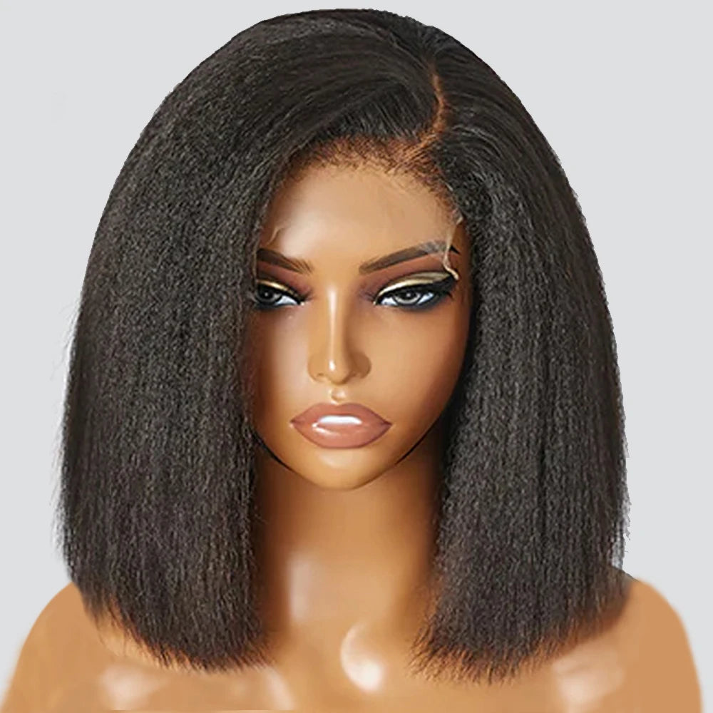 Ready To Wear Glueless Wigs Kinky Straight 13x4 Lace Front Human Hair Wig Short Bob Wigs HD Transparent Yaki Straight Wig 180%
