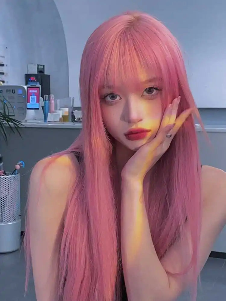Pink Synthetic Wig With Long Straight Bangs Natural Wig Women Daily Use Cosplay Heat Resistant Lolita Full Head Cover
