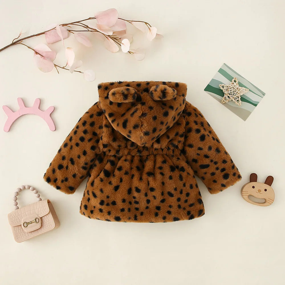 Winter Girls Leopard Pattern Sweater New Cotton Clothes Rabbit Ear Hooded Zipper Waistband Children's Clothing