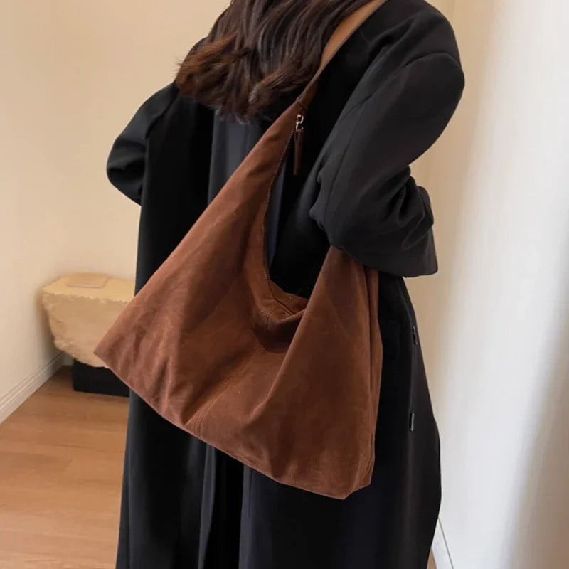 Vintage Suede New Large Capacity Women Tote Bag 2025 Autumn Winter Commute Shoulder Crossbody Bags Fashion Trend Underarm Bags