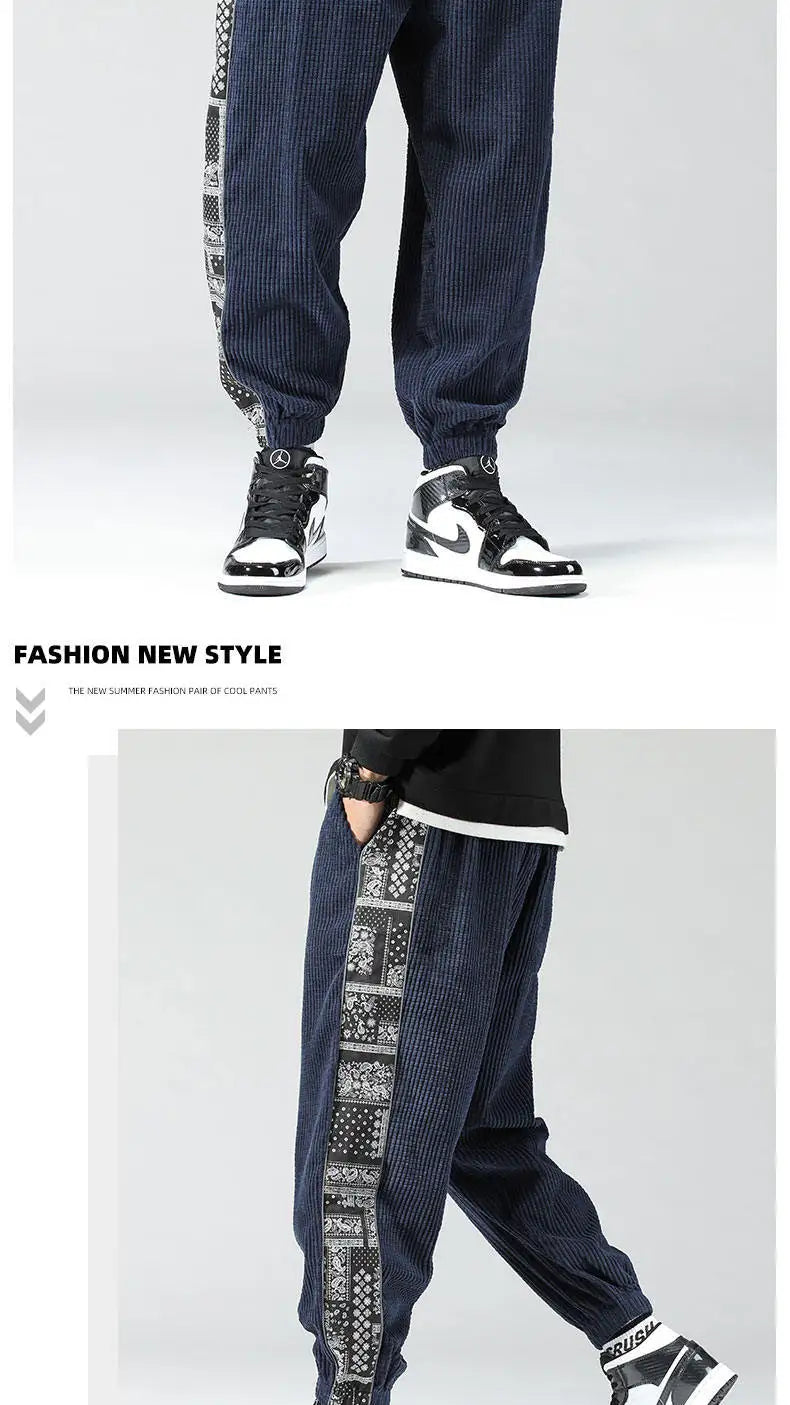 Oversize Cashew Flower Printed Patchwork Casual Pants Y2K High Street Corduroy Sweatpants Men Clothing штаны Pantalones 바지