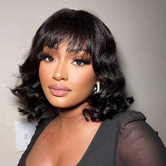Body Wave Wigs With Bangs Malaysian Human Hair Wig With Bangs For Women Glueless Wear and Go Machine Made Wig Short Bob Wig Sale