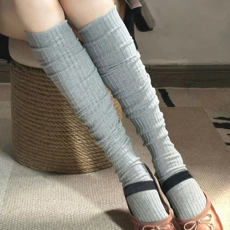 Spring Knee Length Stockings for ladies White Pile Socks Fashion GIrls JK Slimming Boots Sock Japanese Calf Sock Cotton Footwear