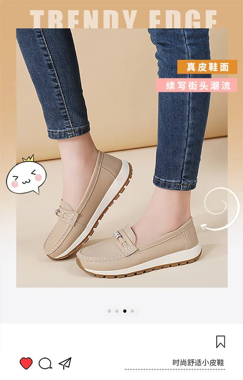 Women's casual flat shoes, 100 genuine leather shoes, lightweight spring and summer loafers, walking mom shoes