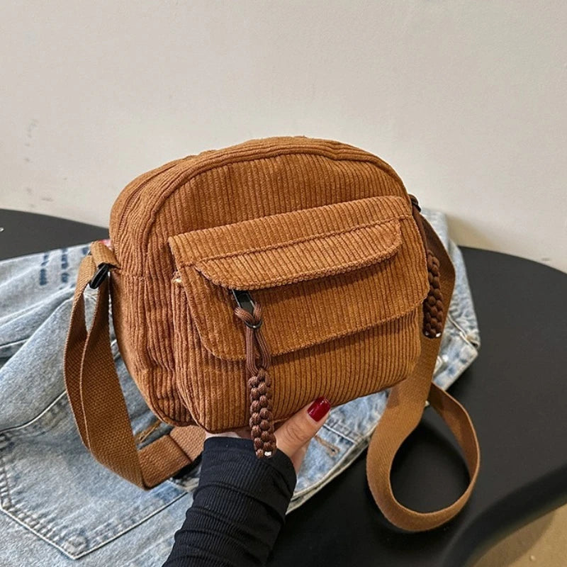 Corduroy Daily Handbag Fashionable Versatile Shoulder Bag for Women Multi-Compartment Zipper Closure Commute Women's Tote Bag