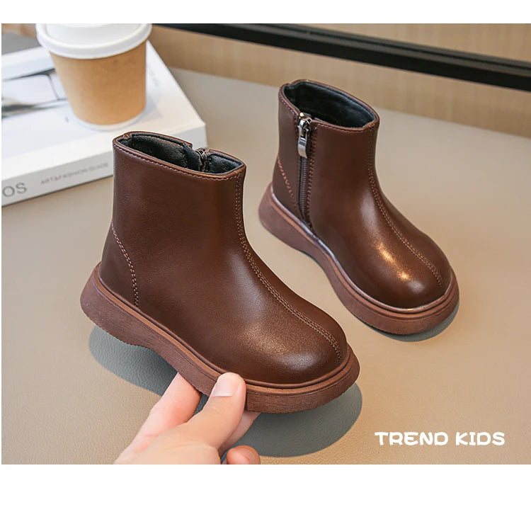 Children Fashion Boots Simple Girls Ankle Boot Black Kids Short Leather Boots Side Zipper Thick Bottom Autumn Winter 2024 New