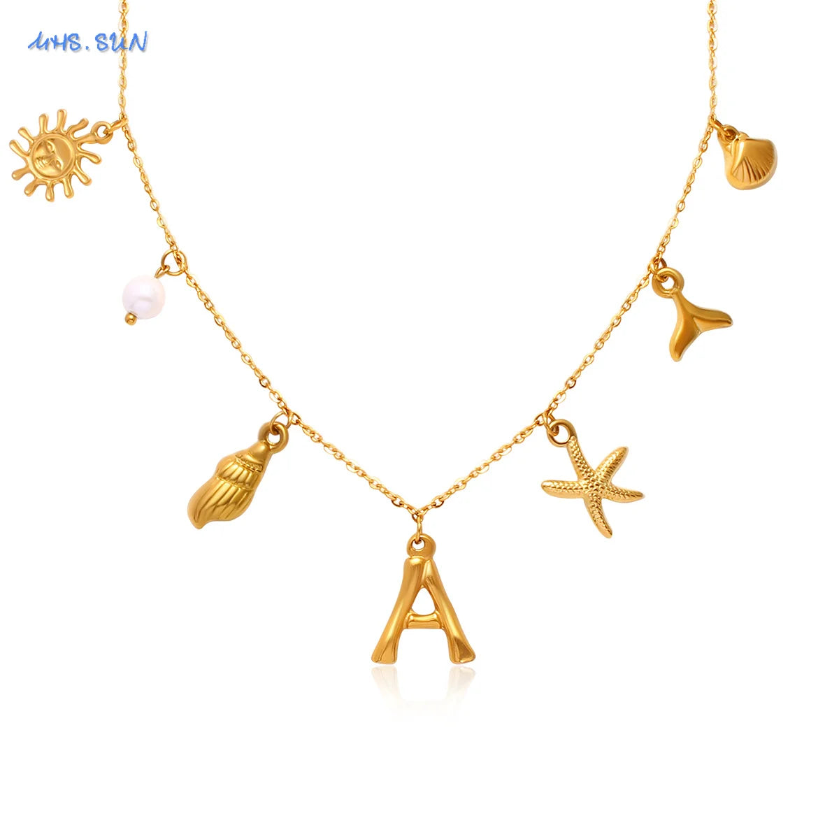 MHS.SUN Starfish Shell Initial Necklace Waterproof 18K Gold Plated Stainless Steel Charm Necklaces Surfer Girl Summer Beach Gift
