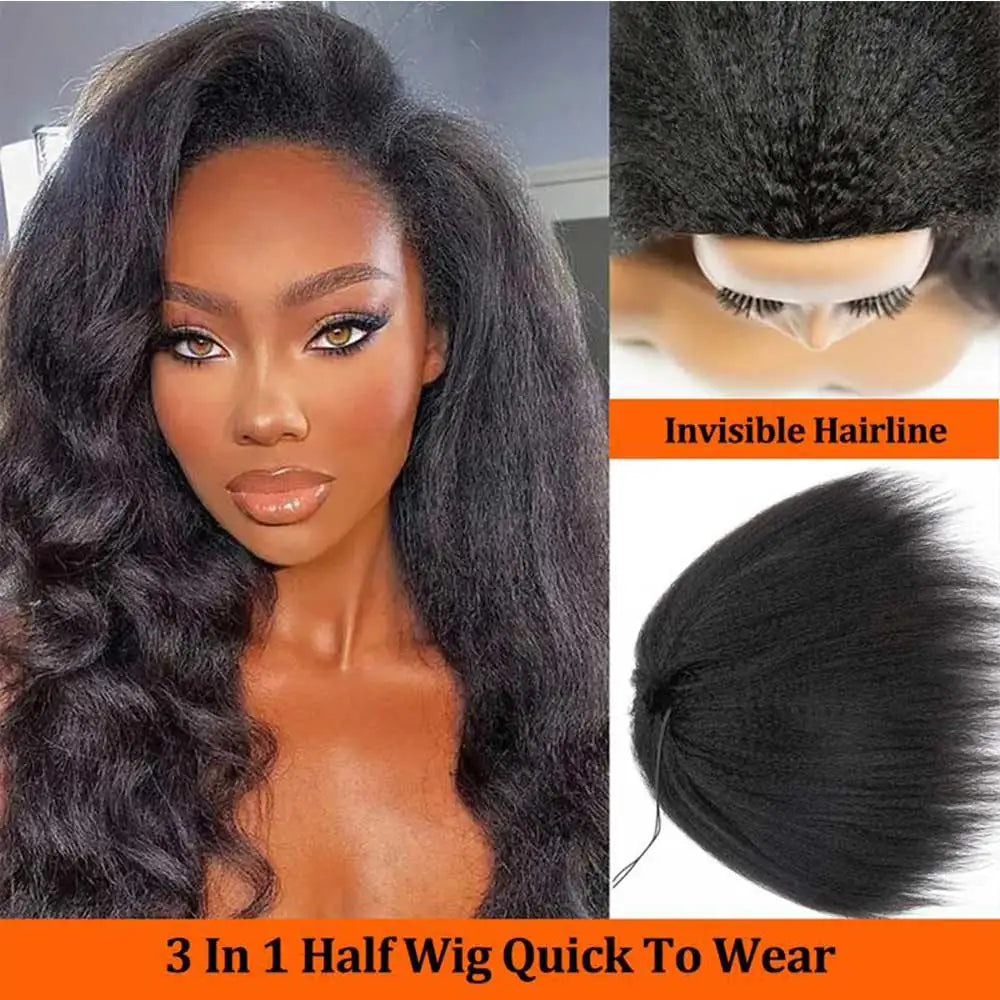Half Wigs Human Hair Kinky Straight 3 In 1 Human Hair Wig Seamless Flip Over Half Wig Beginner Friendly Curly Wigs for Women