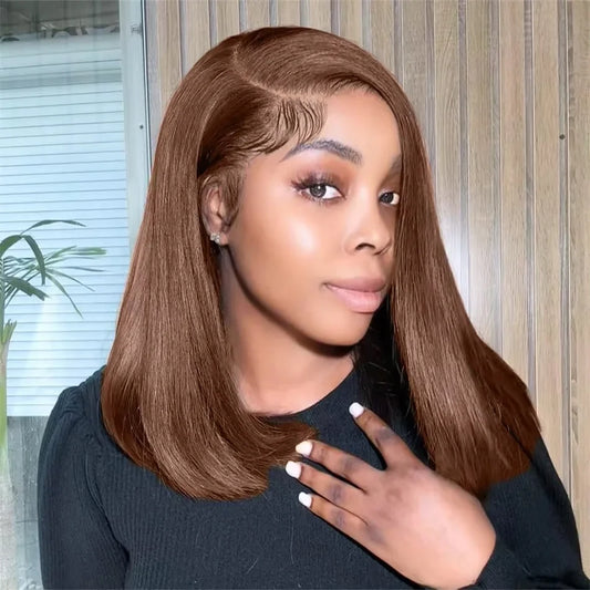 Straight Bob Wigs Chocolate Brown Colored 100% Real Human Hair 13x4 Lace Front Wigs Brazilian Remy Hair Pre Plucked Hairline