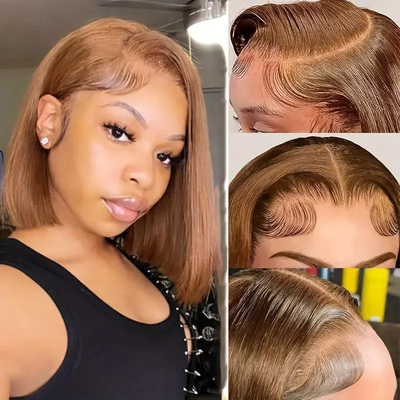 Straight Bob Wigs Chocolate Brown Colored 100% Real Human Hair 13x4 Lace Front Wigs Brazilian Remy Hair Pre Plucked Hairline