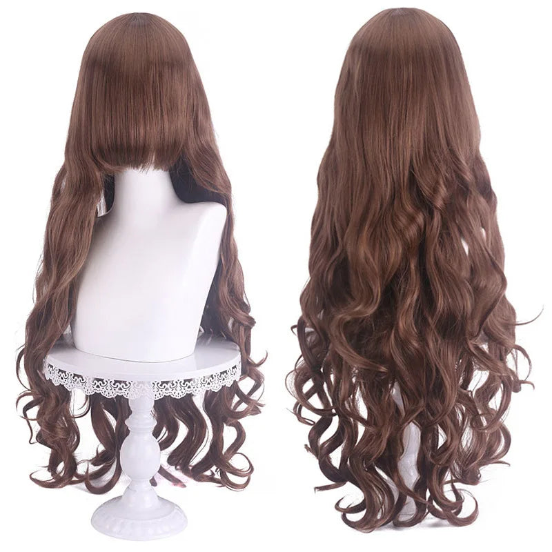 Diagonal Bangs Curly Long Wave Wig for Women Heat-resistant Fiber Synthetic Wig for Daily Cosplay