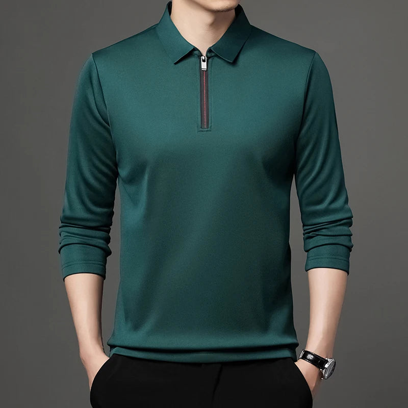 New T Shirt Zipper Polo Shirt Male Fashion Turn-Down Collar Long Sleeve Business Men Clothes