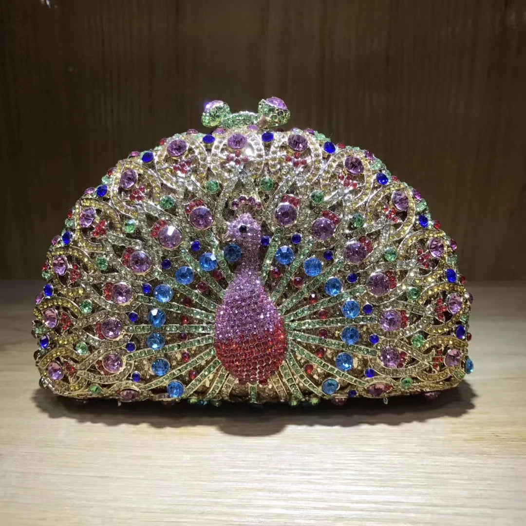 Women Peacock Animal Multicolored Clutch Bag Diamond Crystal Dinner Party Gala Handbag Wedding Bridal Birthday Gift Cute Purse