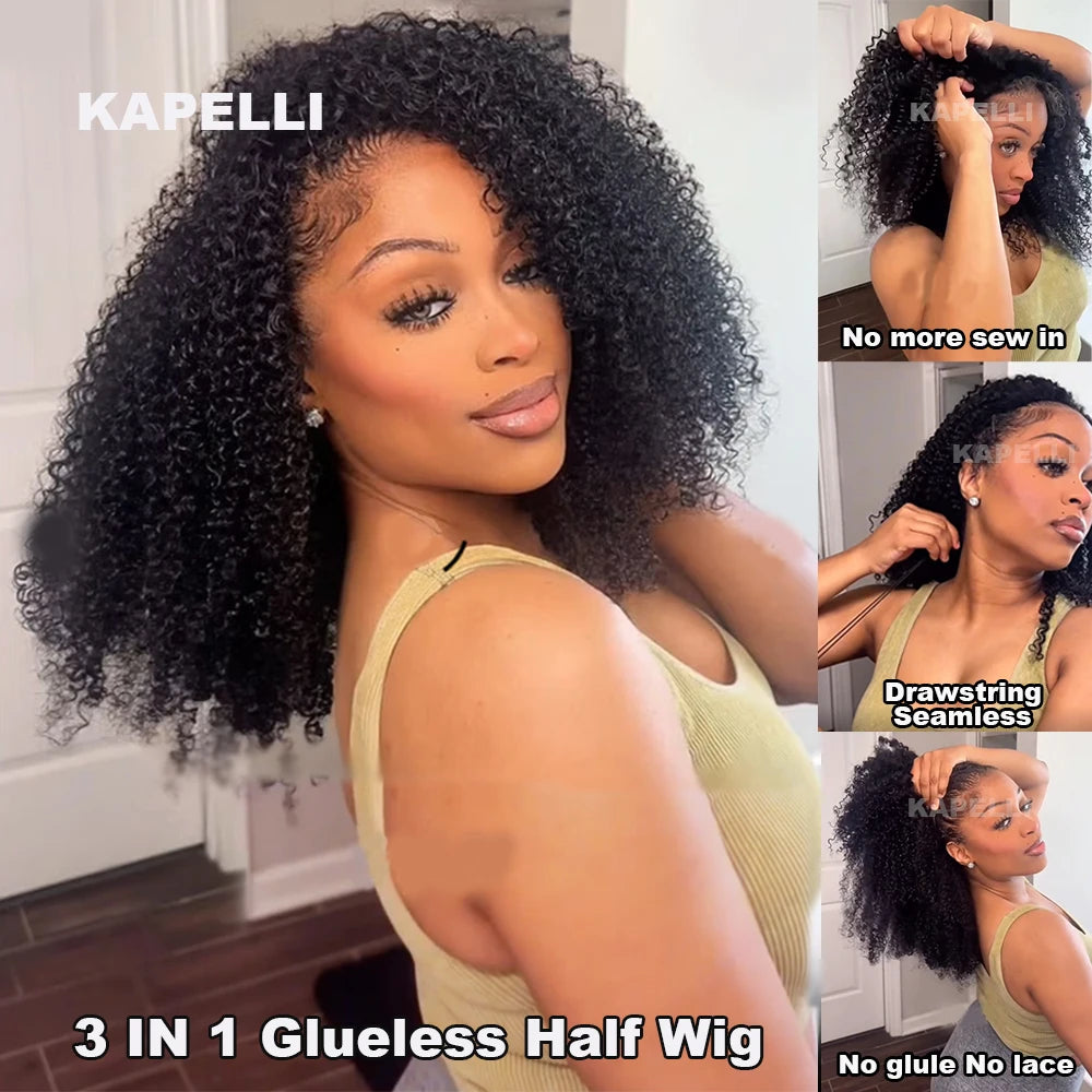 Half Wig Human Hair Kinky Curly Glueless Wig Human Hair Ready to Wear 3 IN 1 Half Wig With Drawstring 250 Density Curly Half Wig