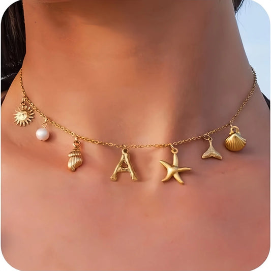 MHS.SUN Starfish Shell Initial Necklace Waterproof 18K Gold Plated Stainless Steel Charm Necklaces Surfer Girl Summer Beach Gift