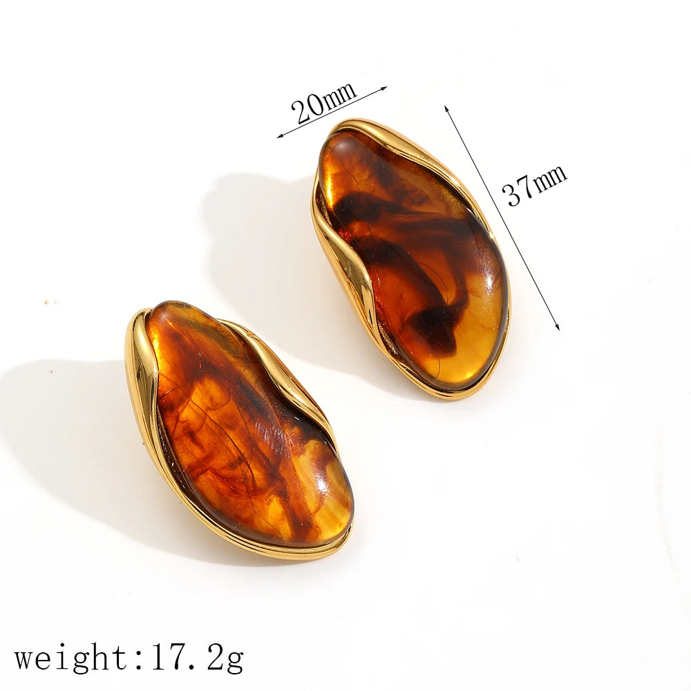 2025 New Design Brown Resin Geometric Shape Earrings Stainless Steel 18k Gold-plated Ear Studs for Women