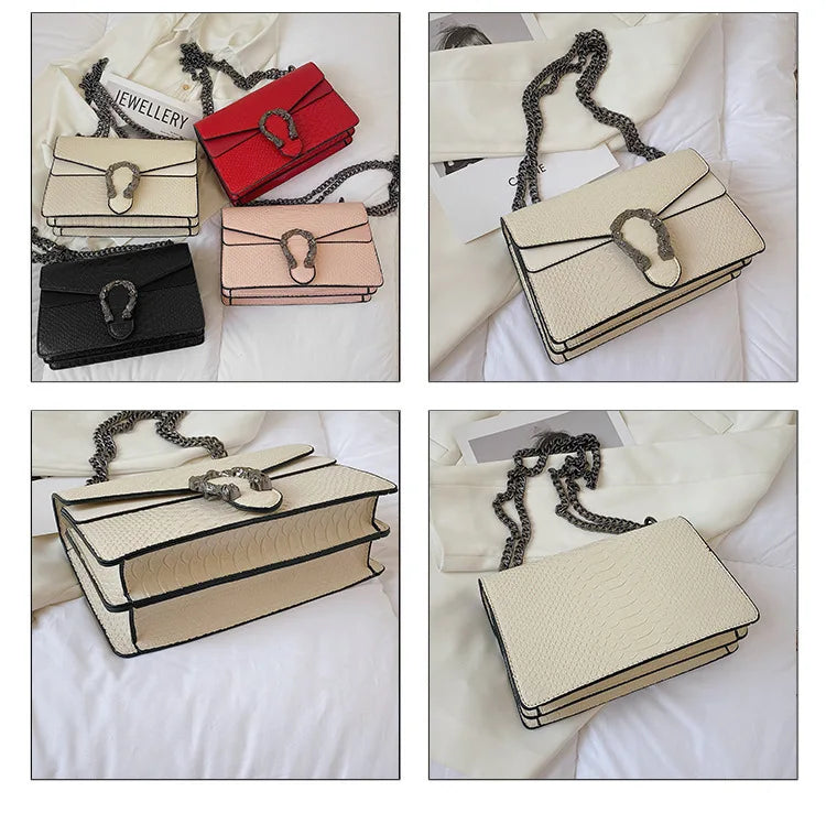 Retro Style Fashion Chain Shoulder Bag for Women Snake Pattern Crossbody Small Square Bag Trendy Accessory