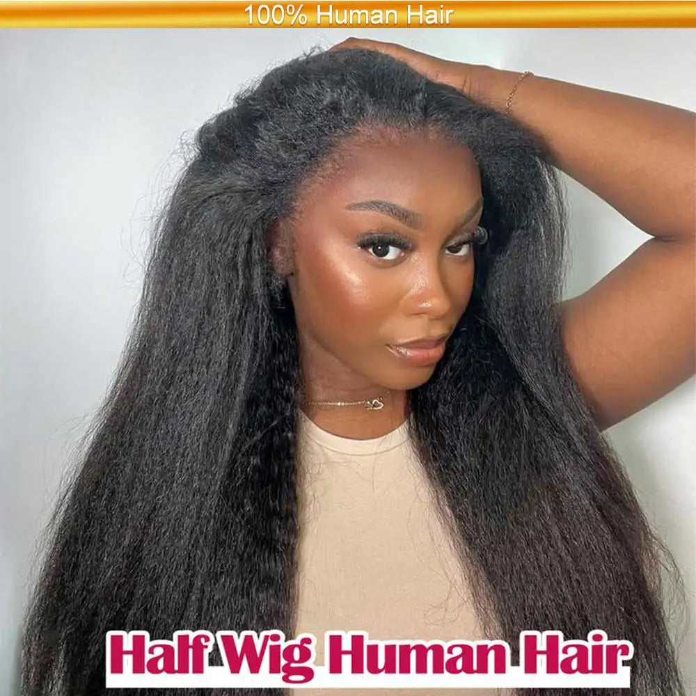 Half Wigs Human Hair Kinky Straight 3 In 1 Human Hair Wig Seamless Flip Over Half Wig Beginner Friendly Curly Wigs for Women