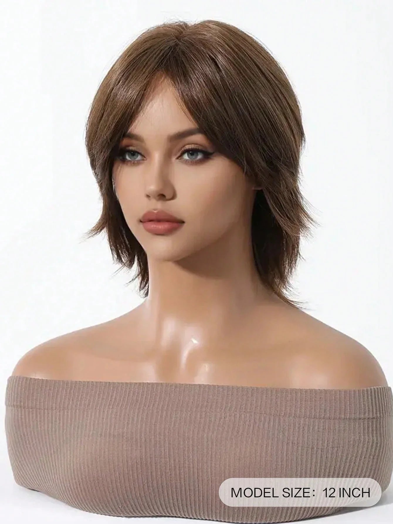 12 inch short salmon head wig with bangs, women's short straight black synthetic wig, party daily use elf cut short wig