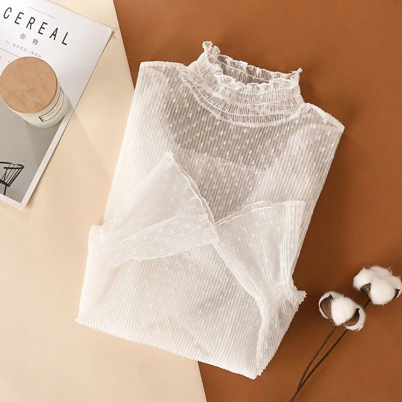 Women Sexy Mesh See Through T Shirt  Long Bell Sleeve Hollow Out Blouse Summer Transparent Sheer High Neck Bottoming Basic Tee