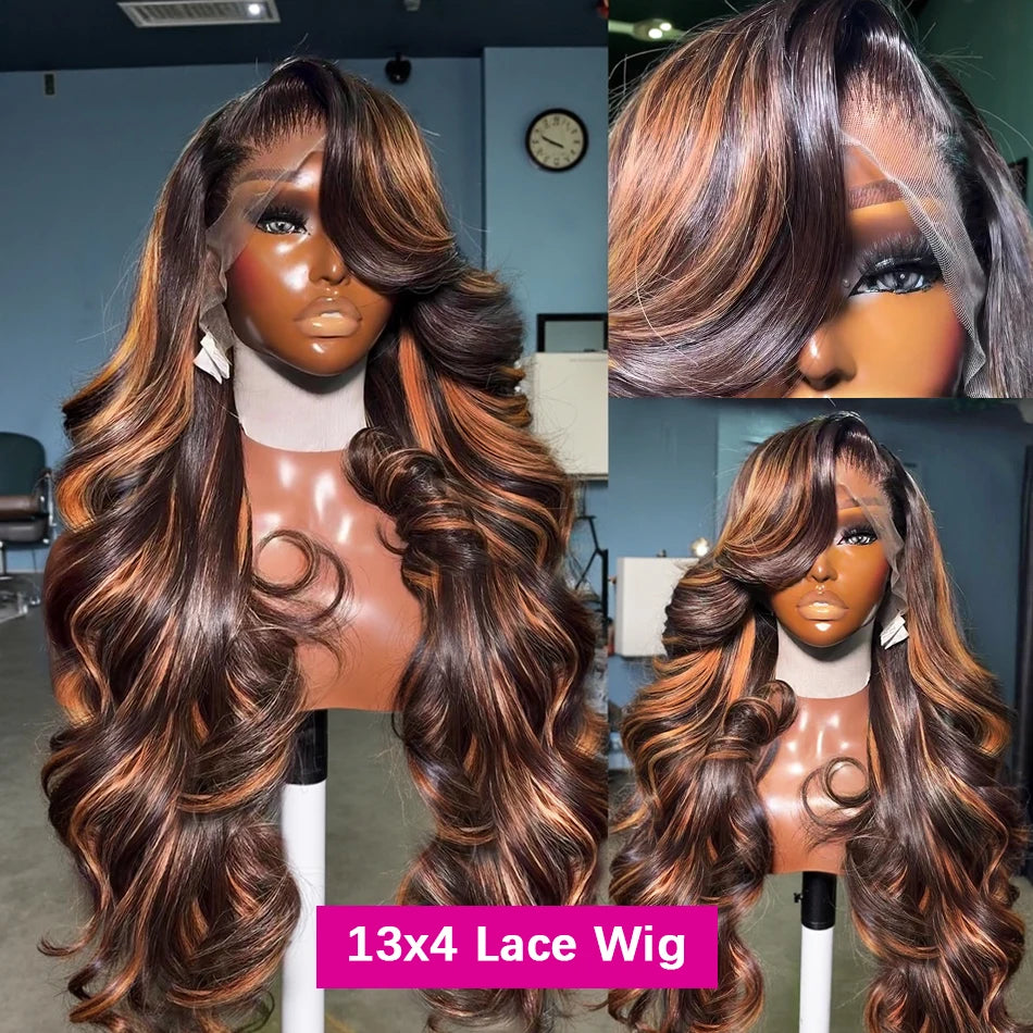 220 Density 30 Inch 1B/30 Black Brown Body Wave Lace Front Human Hair Wigs Colored Highlight 13x6 HD Lace Frontal Wig Human Hair