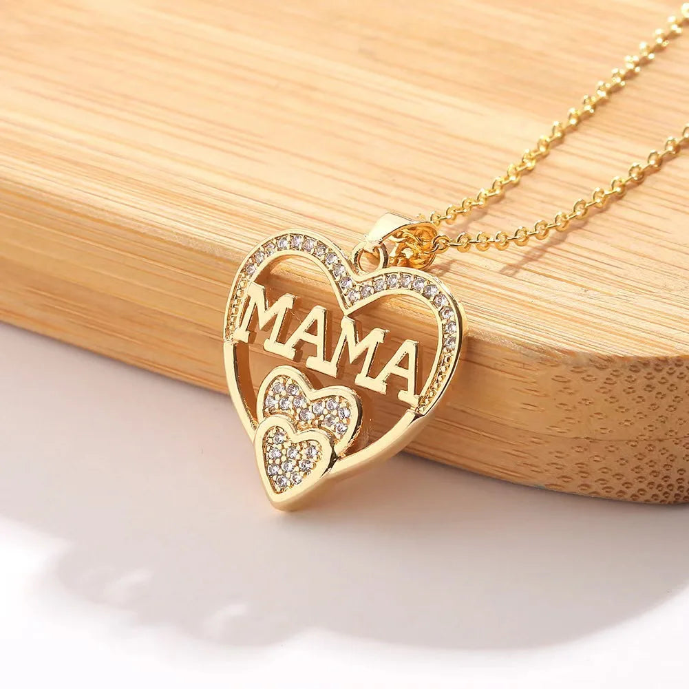 WLP 2025 Elegant Mother's Day Gift Heart Pendant MAMA Necklace for Women MOM Luxury Rhinestone Aesthetic Neck Necklace Jewelry